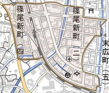 篠尾新町とその周辺の地図。町の範囲を重ねている