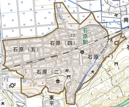 石原とその周辺の地図。町の範囲を重ねている