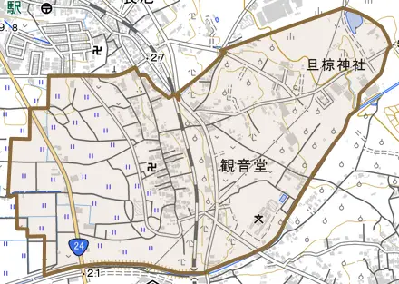 観音堂とその周辺の地図。町の範囲を重ねている