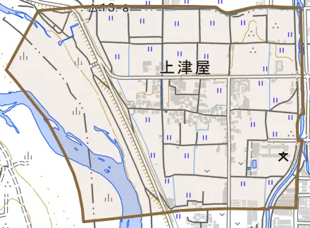 上津屋とその周辺の地図。町の範囲を重ねている