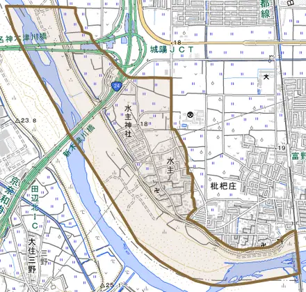 水主とその周辺の地図。町の範囲を重ねている