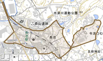 長池とその周辺の地図。町の範囲を重ねている