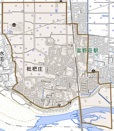 枇杷庄とその周辺の地図。町の範囲を重ねている