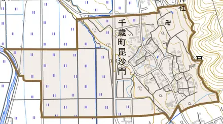 千歳町毘沙門とその周辺の地図。町の範囲を重ねている