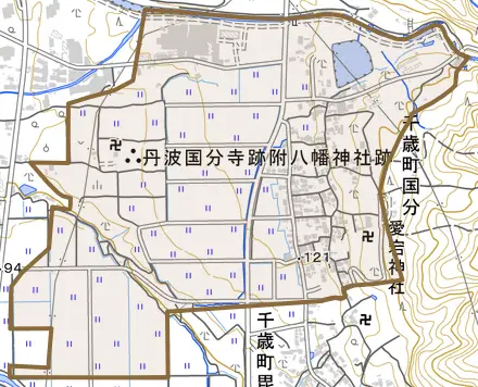 千歳町国分とその周辺の地図。町の範囲を重ねている