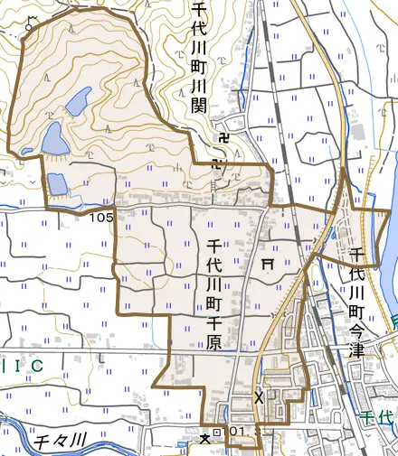 千代川町千原とその周辺の地図。町の範囲を重ねている