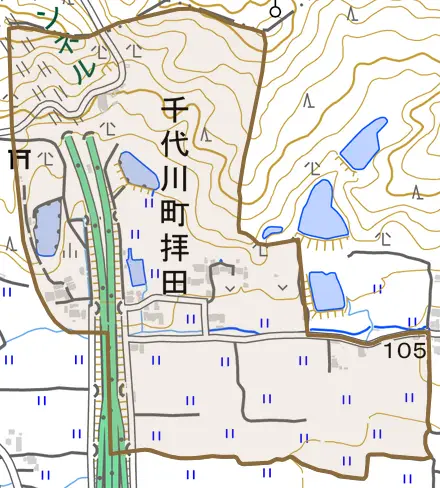 千代川町拝田とその周辺の地図。町の範囲を重ねている