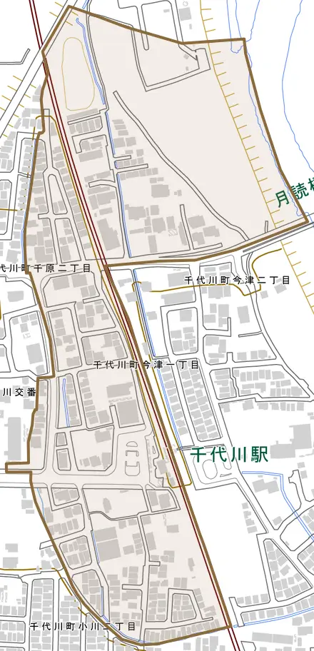 千代川町今津とその周辺の地図。町の範囲を重ねている