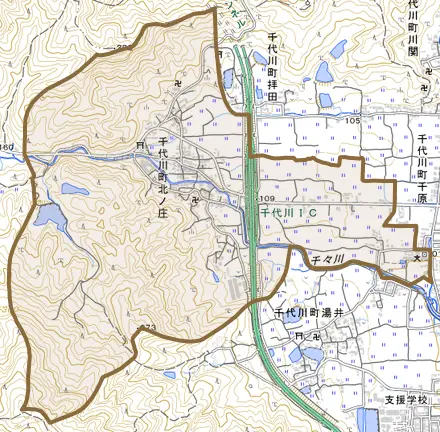 千代川町北ノ庄とその周辺の地図。町の範囲を重ねている