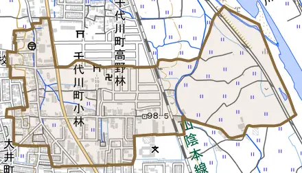 千代川町小林とその周辺の地図。町の範囲を重ねている
