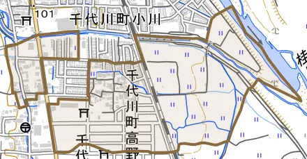千代川町高野林とその周辺の地図。町の範囲を重ねている