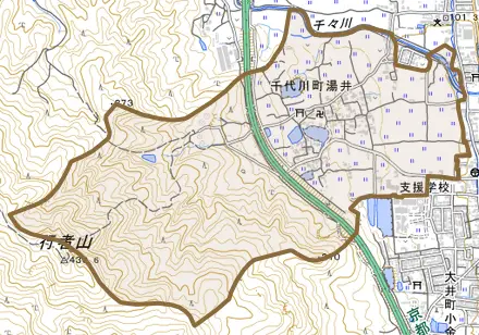 千代川町湯井とその周辺の地図。町の範囲を重ねている