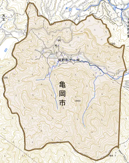 畑野町土ケ畑とその周辺の地図。町の範囲を重ねている