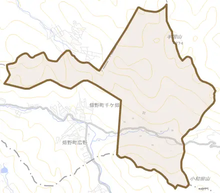 畑野町千ケ畑とその周辺の地図。町の範囲を重ねている