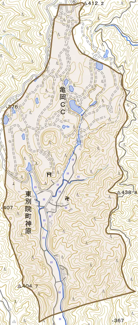 東別院町神原とその周辺の地図。町の範囲を重ねている