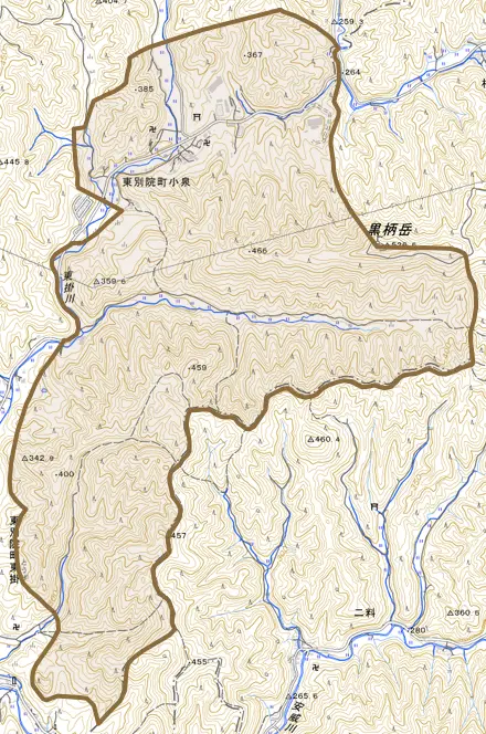 東別院町小泉とその周辺の地図。町の範囲を重ねている