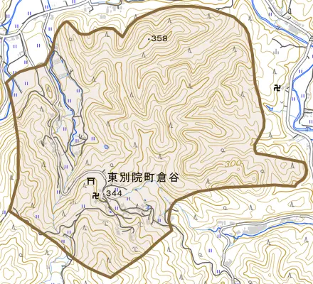 東別院町倉谷とその周辺の地図。町の範囲を重ねている