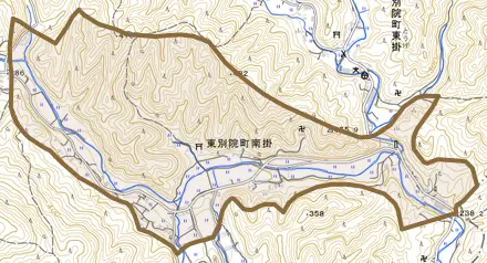 東別院町南掛とその周辺の地図。町の範囲を重ねている