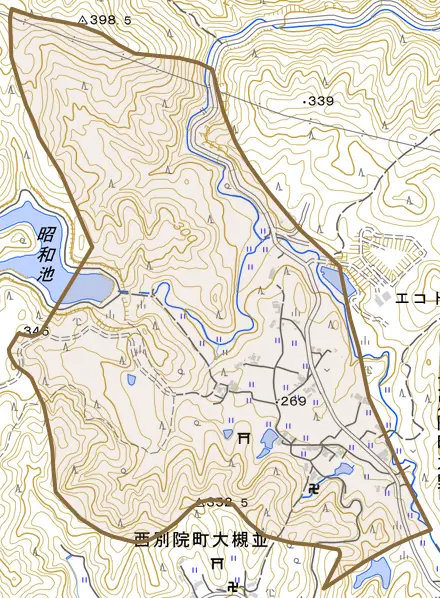東別院町大野とその周辺の地図。町の範囲を重ねている