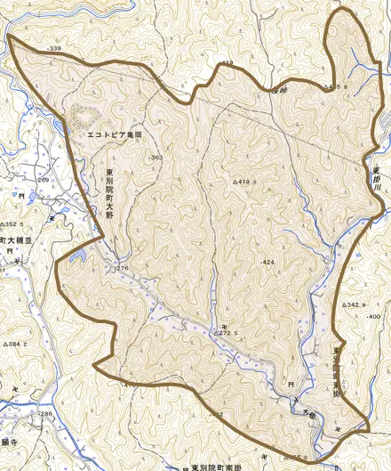 東別院町東掛とその周辺の地図。町の範囲を重ねている
