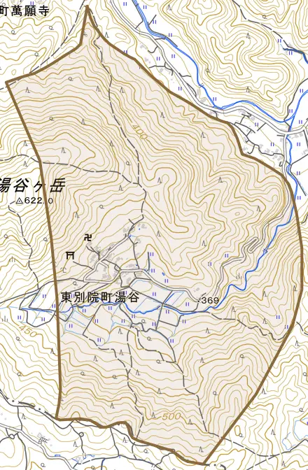 東別院町湯谷とその周辺の地図。町の範囲を重ねている