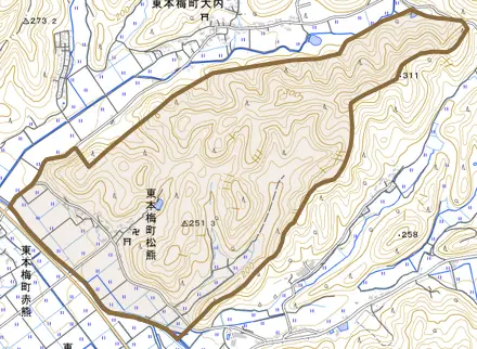東本梅町松熊とその周辺の地図。町の範囲を重ねている