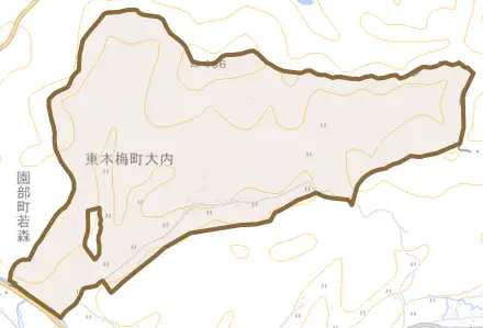 東本梅町大内とその周辺の地図。町の範囲を重ねている