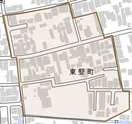 東竪町とその周辺の地図。町の範囲を重ねている