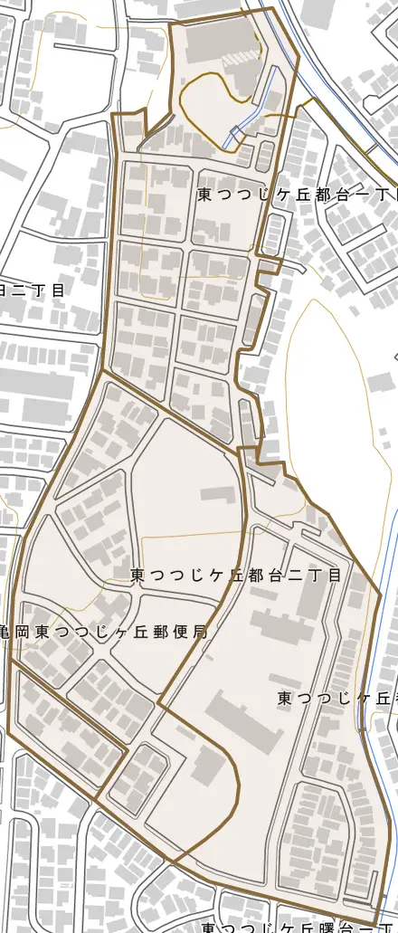 東つつじケ丘都台とその周辺の地図。町の範囲を重ねている