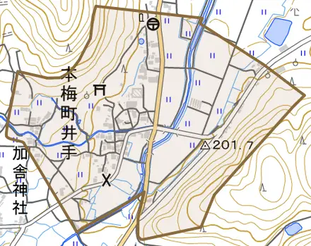 本梅町井手とその周辺の地図。町の範囲を重ねている