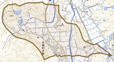 本梅町中野とその周辺の地図。町の範囲を重ねている