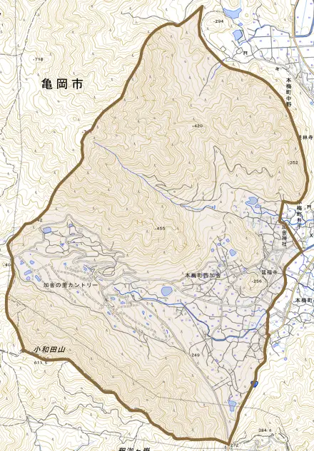 本梅町西加舎とその周辺の地図。町の範囲を重ねている