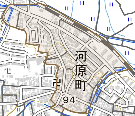 河原町とその周辺の地図。町の範囲を重ねている