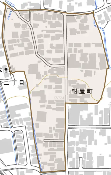 紺屋町とその周辺の地図。町の範囲を重ねている