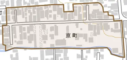 京町とその周辺の地図。町の範囲を重ねている