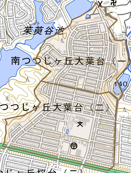 南つつじケ丘大葉台とその周辺の地図。町の範囲を重ねている