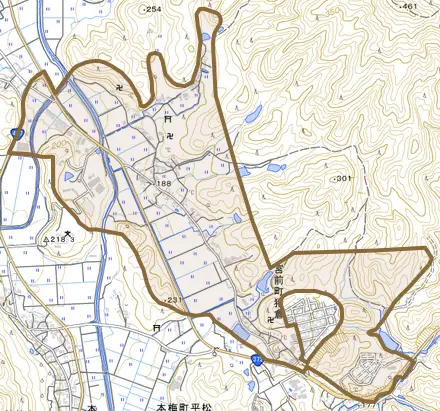 宮前町猪倉とその周辺の地図。町の範囲を重ねている