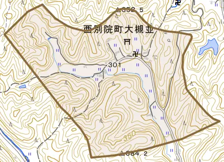 西別院町大槻並とその周辺の地図。町の範囲を重ねている