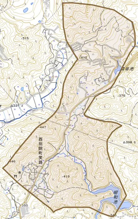 西別院町笑路とその周辺の地図。町の範囲を重ねている