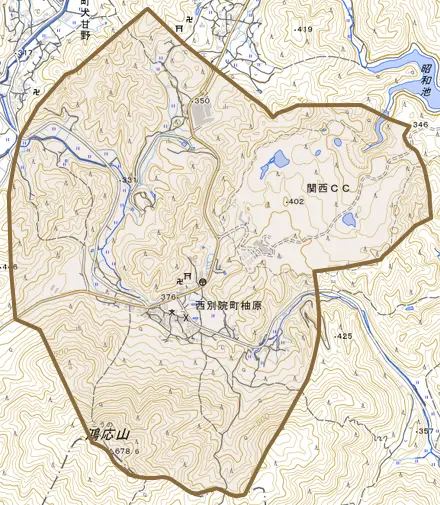 西別院町柚原とその周辺の地図。町の範囲を重ねている