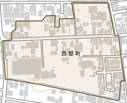 西竪町とその周辺の地図。町の範囲を重ねている