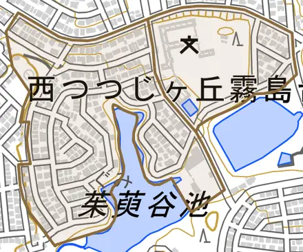 西つつじケ丘霧島台とその周辺の地図。町の範囲を重ねている