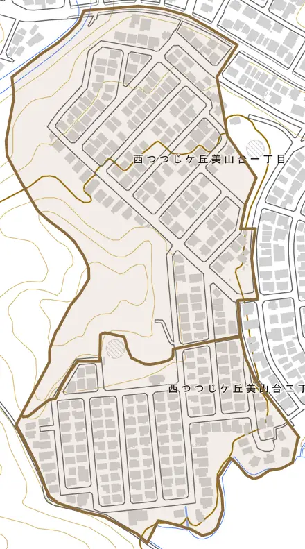 西つつじケ丘美山台とその周辺の地図。町の範囲を重ねている