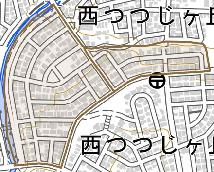 西つつじケ丘雲仙台とその周辺の地図。町の範囲を重ねている