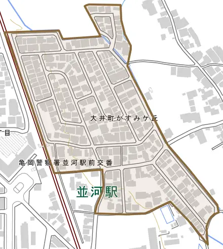 大井町かすみケ丘とその周辺の地図。町の範囲を重ねている