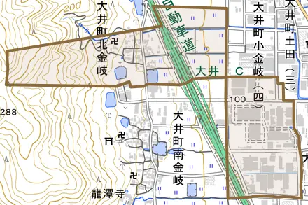 大井町北金岐とその周辺の地図。町の範囲を重ねている
