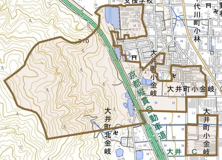 大井町小金岐とその周辺の地図。町の範囲を重ねている
