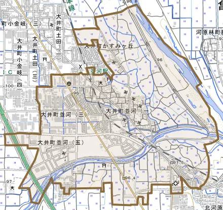 大井町並河とその周辺の地図。町の範囲を重ねている