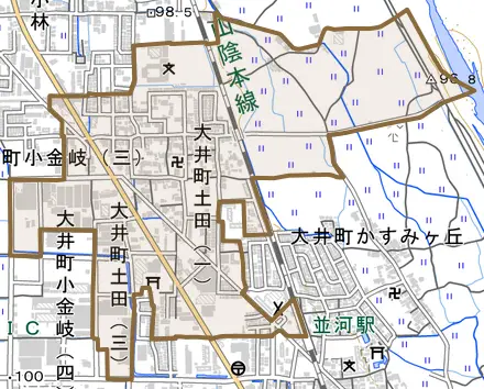 大井町土田とその周辺の地図。町の範囲を重ねている