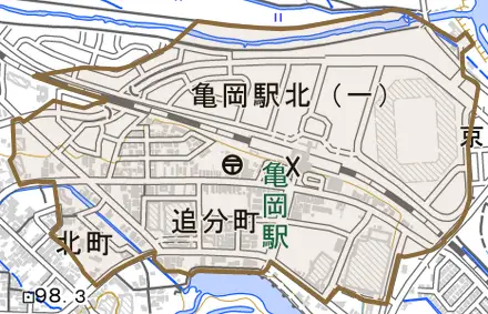 追分町とその周辺の地図。町の範囲を重ねている